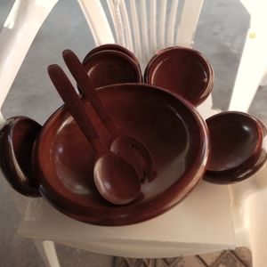 Vtge CARIBCRAFT 9pc Handcrafted Solid Wood Mahogany Salad Bowl(s) Serving Set